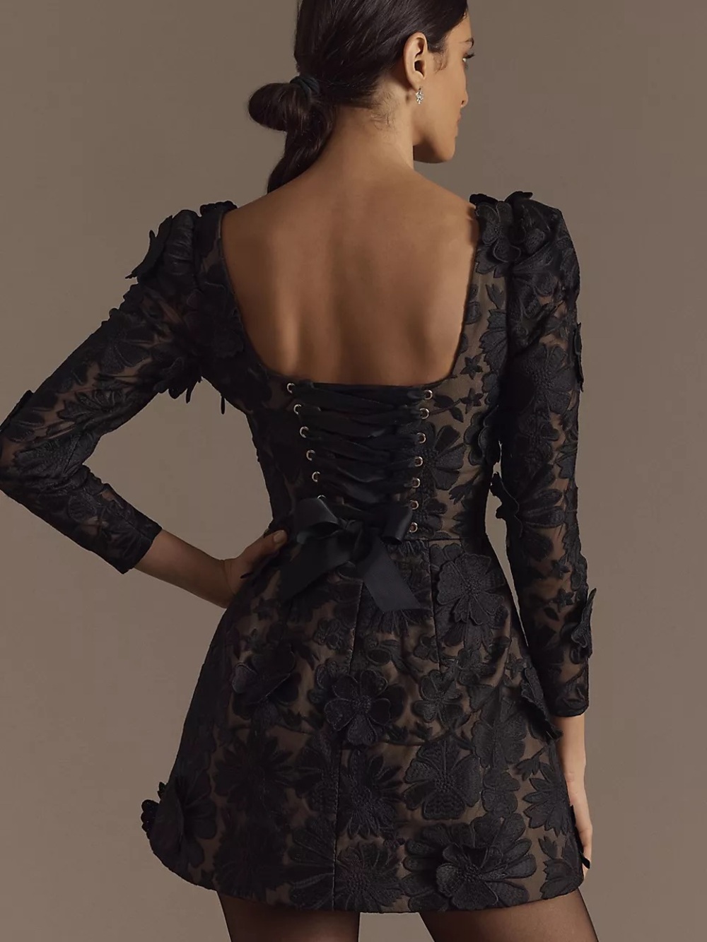 Helsi Ellen Long-Sleeve Square-Neck 3D Floral Mini Dress in Black Size XS